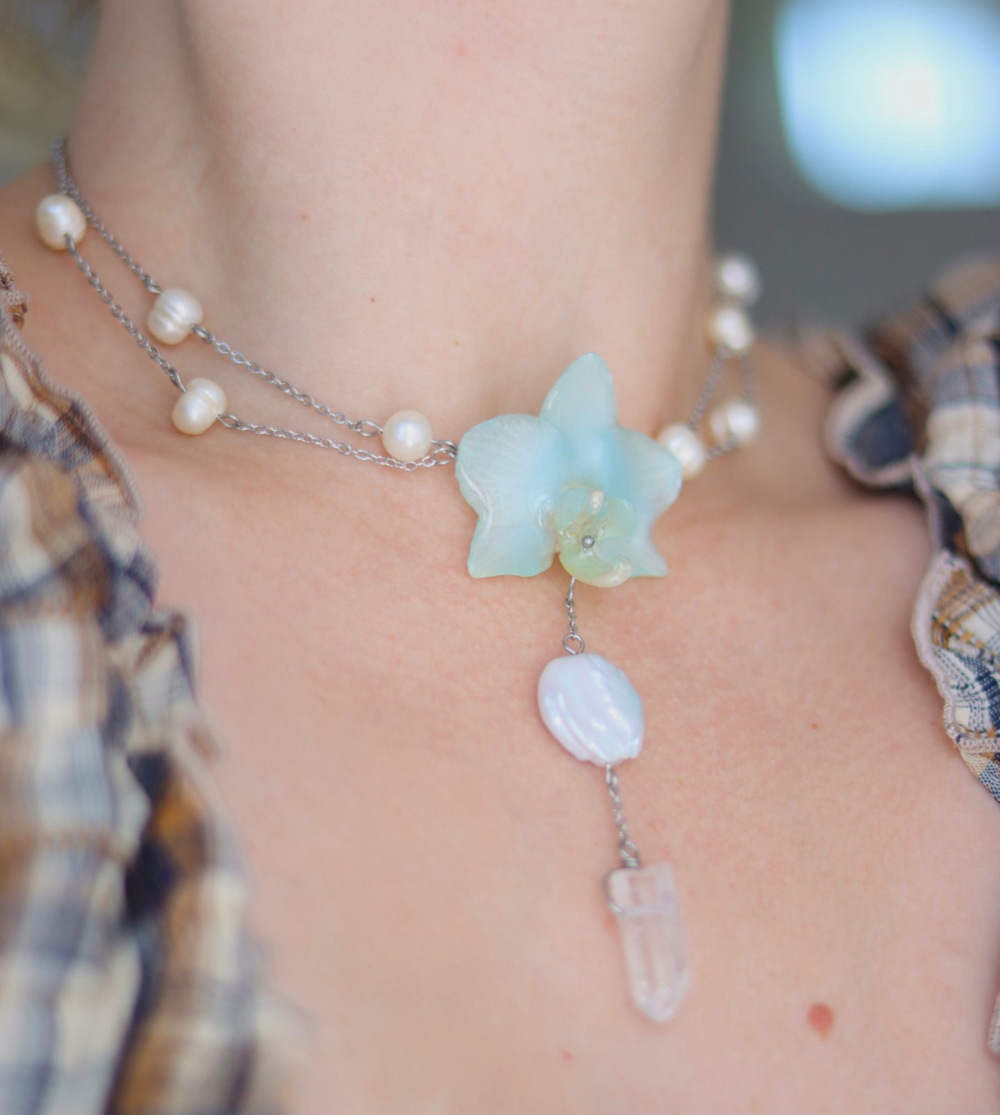Clear Quartz & Pearl Orchid Necklace