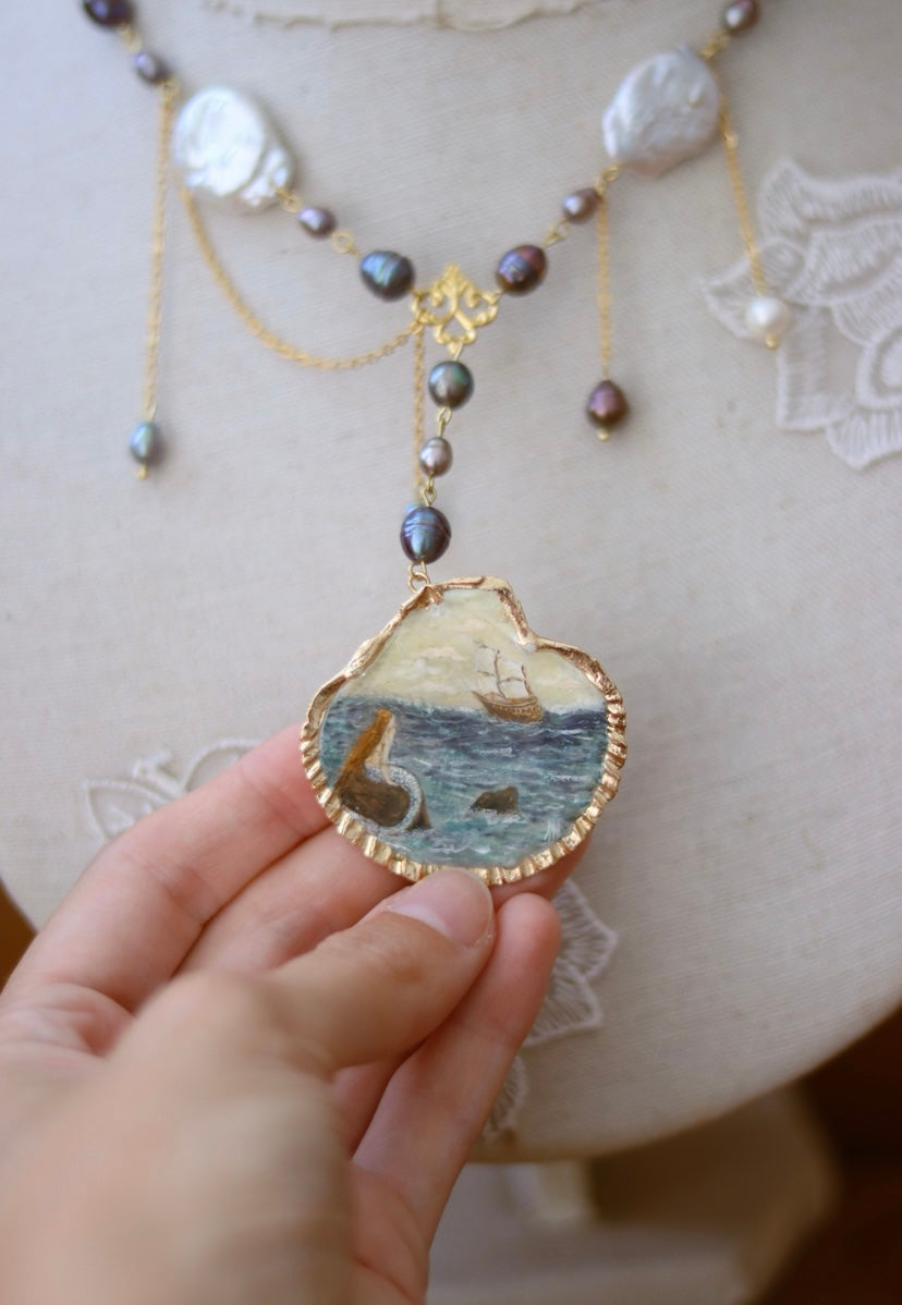 Mermaid’s Secret Freshwater Pearl & Seashell Hand-Painted Necklace