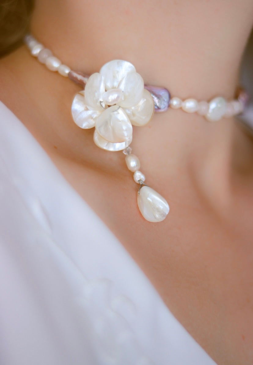 Purple Seashell & Freshwater Pearl Flower Necklace