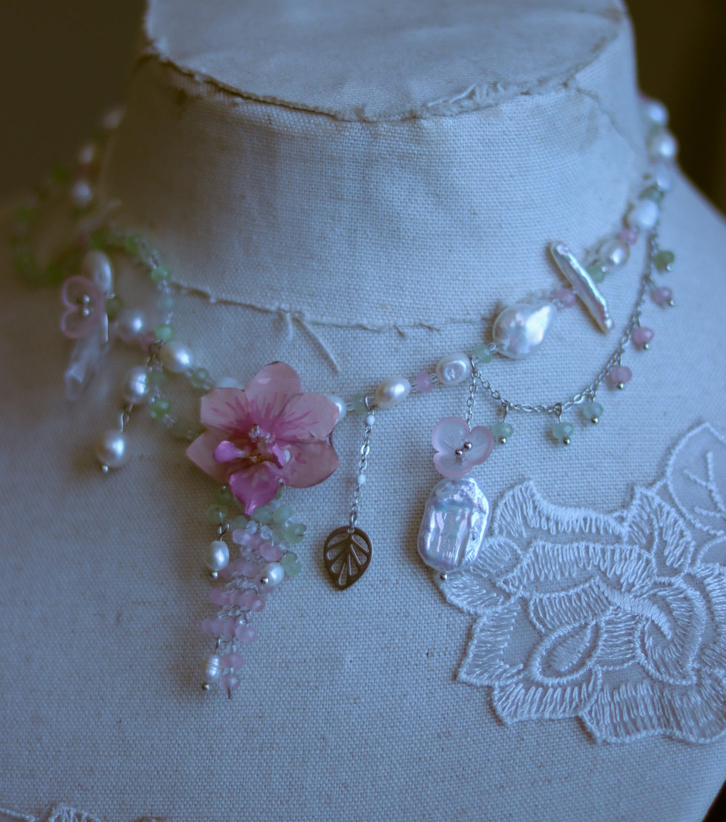 Rose Quartz, Aventurine Gemstone & Freshwater Pearl Orchid Necklace