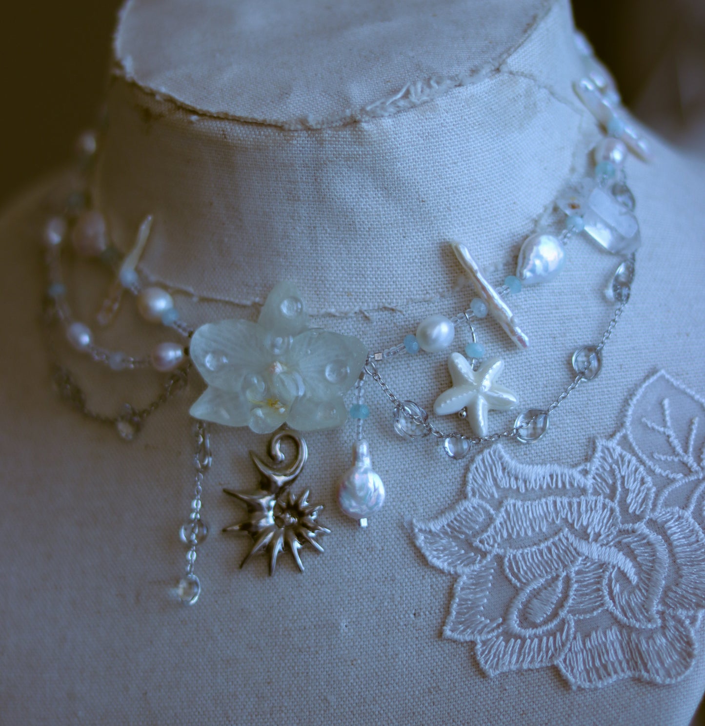 Aquamarine & Freshwater Pearl Orchid Necklace