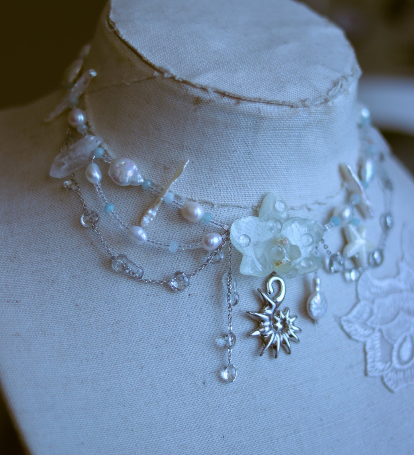 Aquamarine & Freshwater Pearl Orchid Necklace