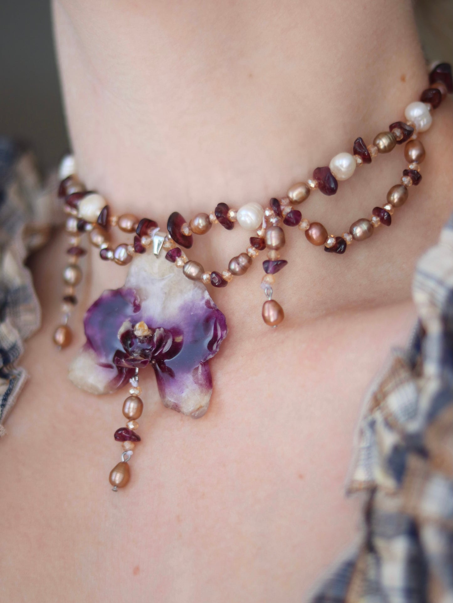 Garnet & Pearl Orchid Necklace