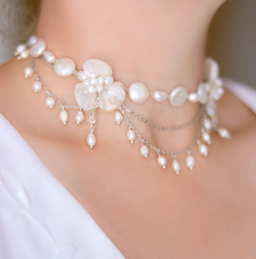 Double Seashell & Freshwater Pearl Flower Necklace