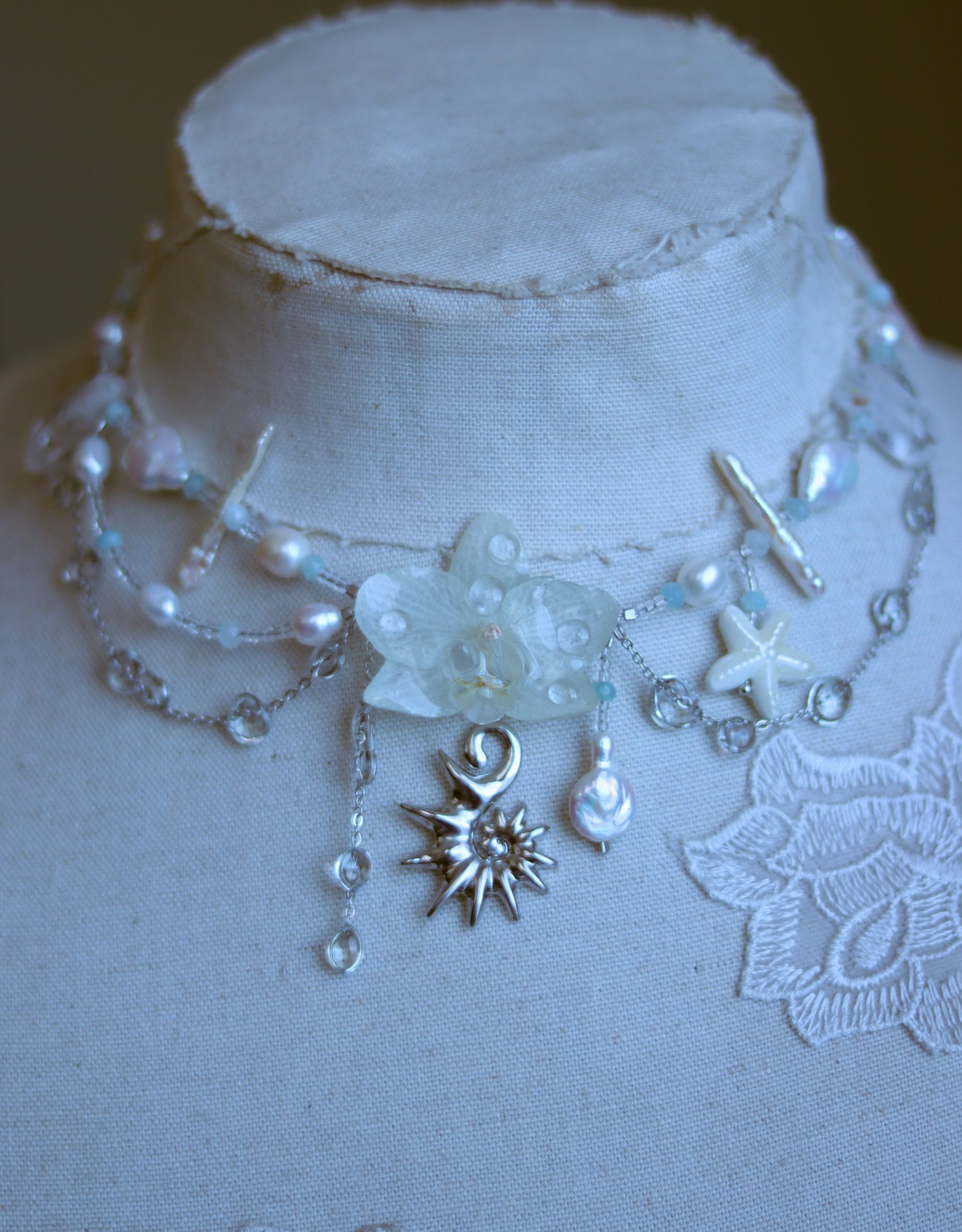 Aquamarine & Freshwater Pearl Orchid Necklace