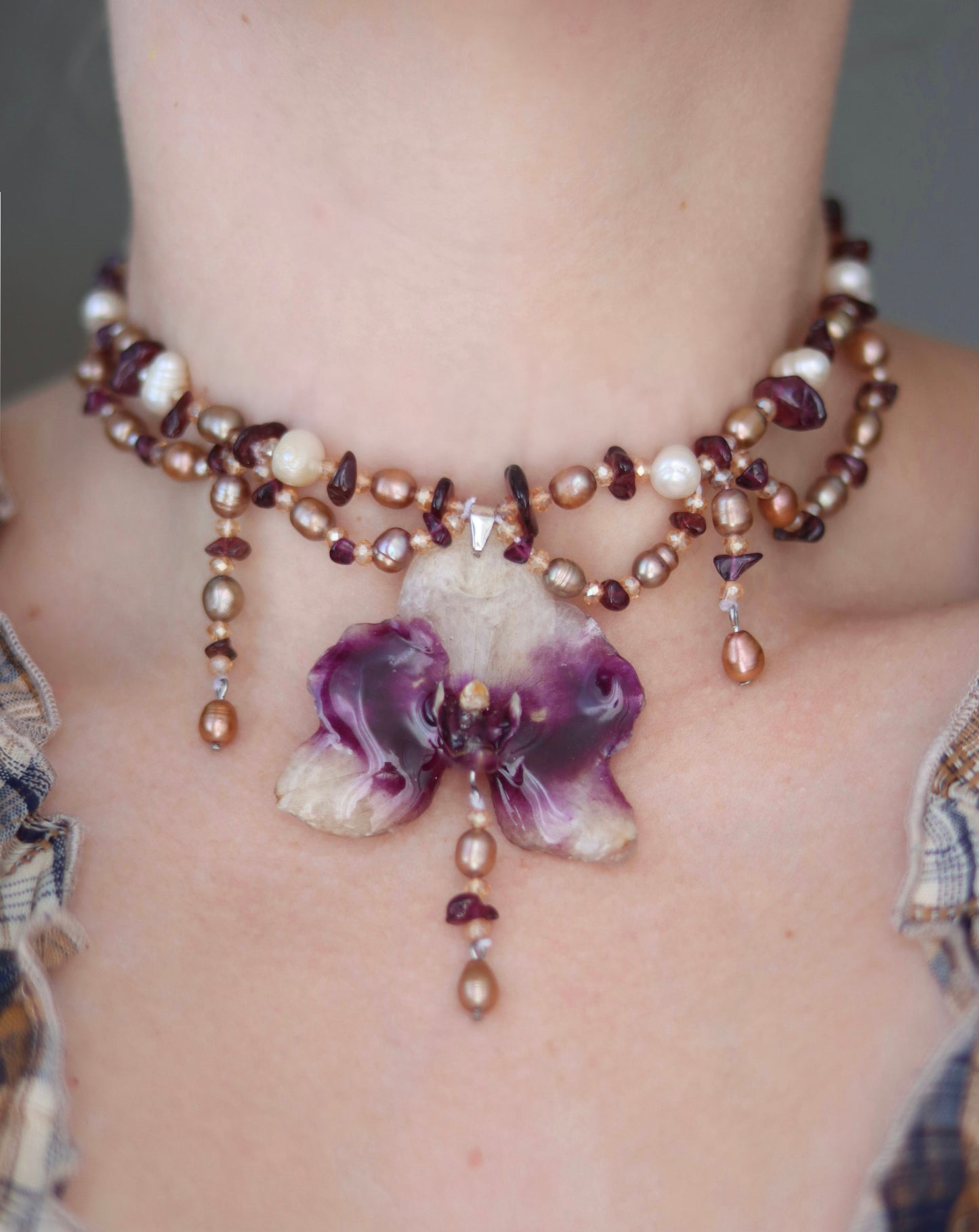 Garnet & Pearl Orchid Necklace