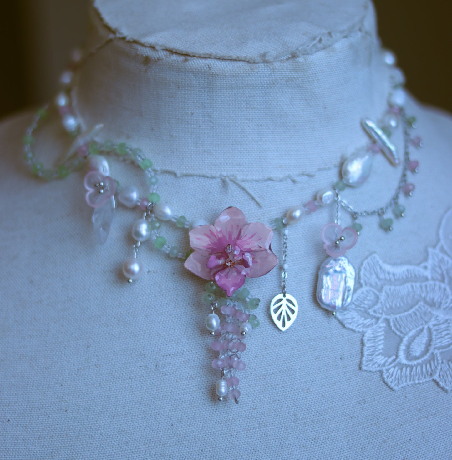 Rose Quartz, Aventurine Gemstone & Freshwater Pearl Orchid Necklace