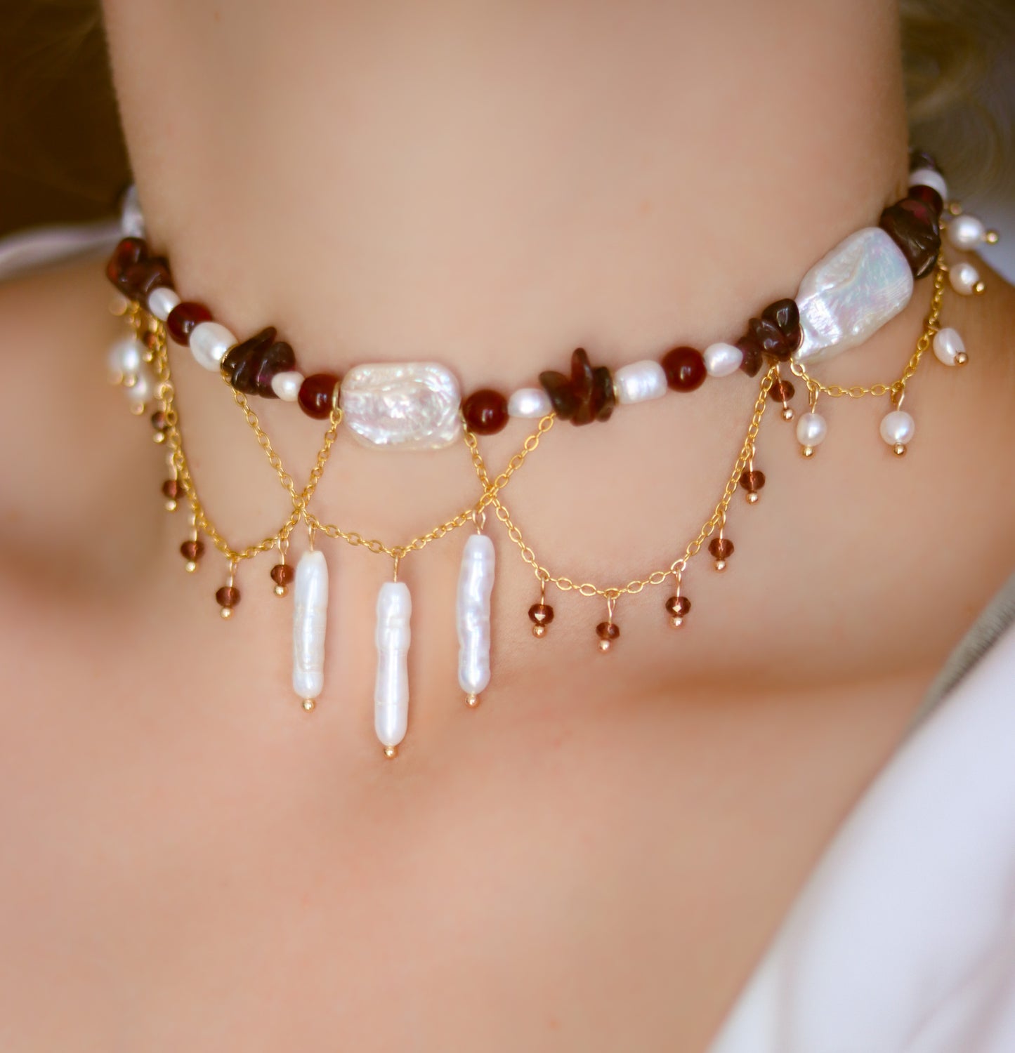Aphrodite Freshwater Pearl & Garnet Gemstone Necklace