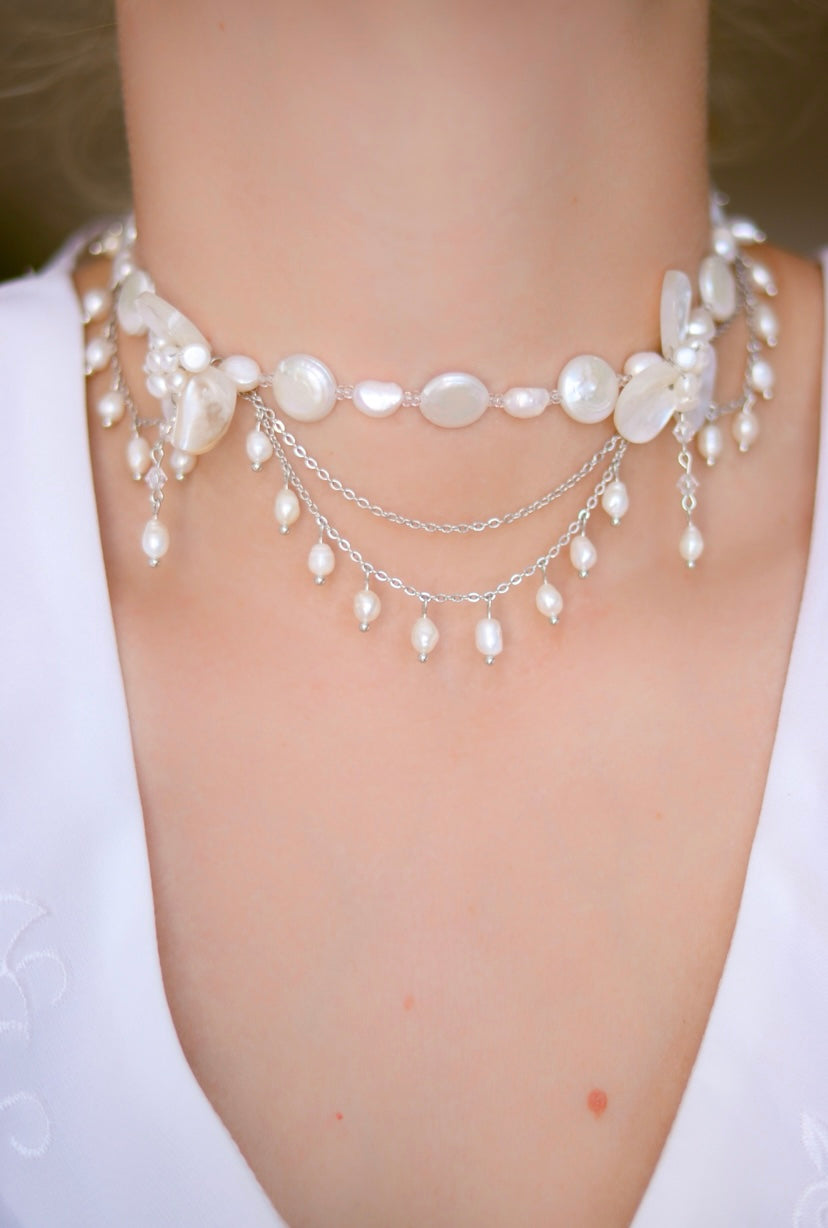 Double Seashell & Freshwater Pearl Flower Necklace