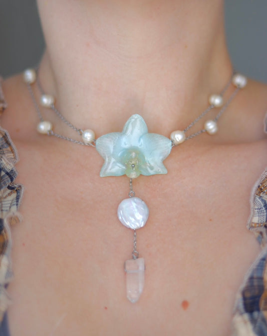 Clear Quartz & Pearl Orchid Necklace