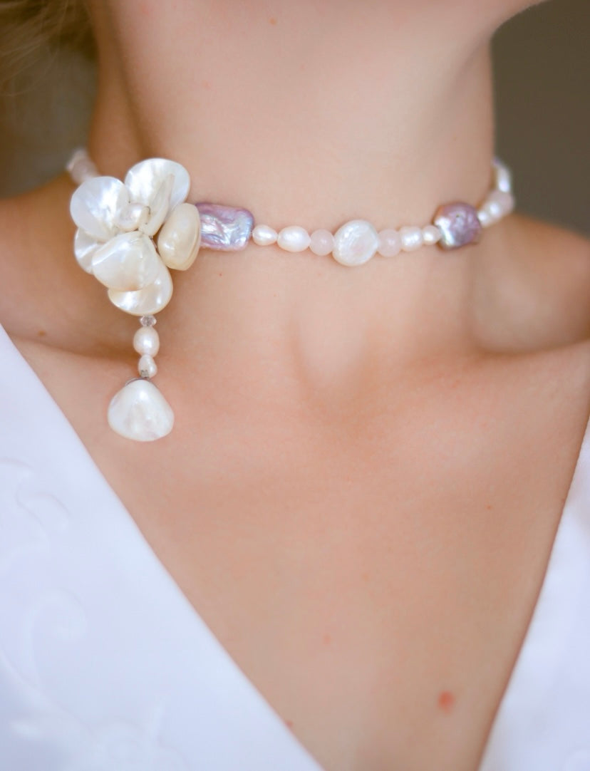 Purple Seashell & Freshwater Pearl Flower Necklace
