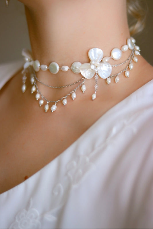 Double Seashell & Freshwater Pearl Flower Necklace