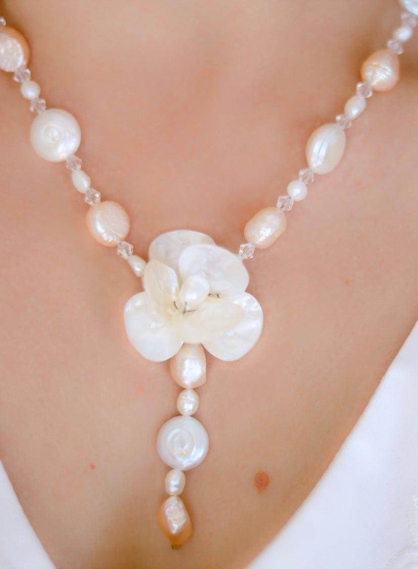 Peach Seashell & Freshwater Pearl Flower Necklace