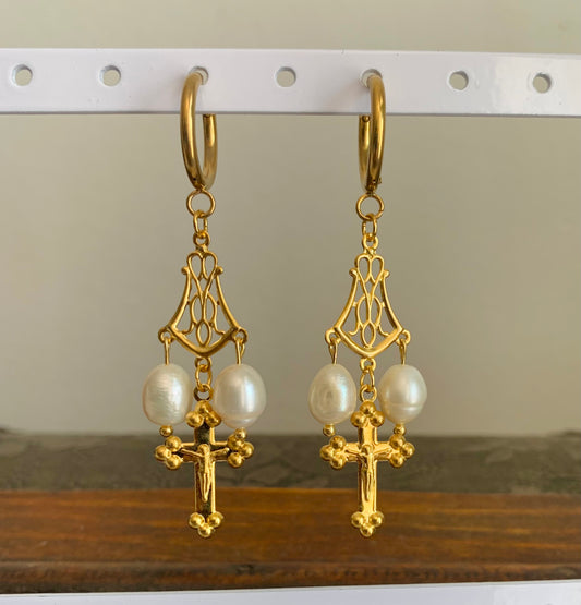 Pearl Cross Earrings