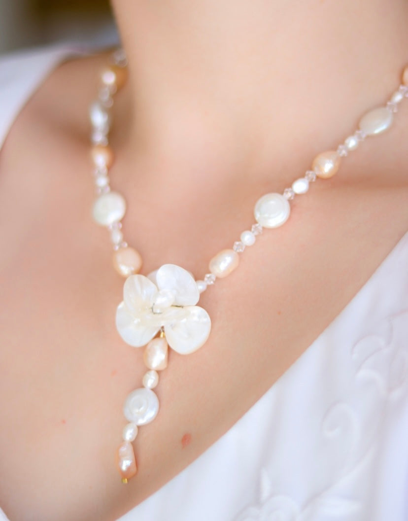 Peach Seashell & Freshwater Pearl Flower Necklace