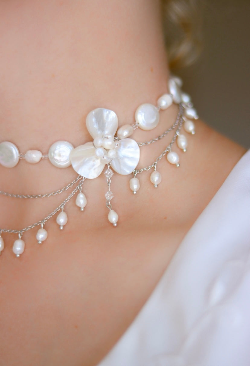 Double Seashell & Freshwater Pearl Flower Necklace