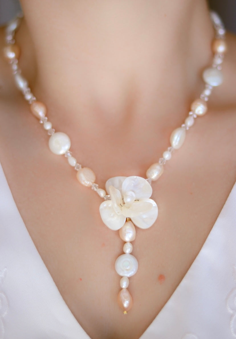 Peach Seashell & Freshwater Pearl Flower Necklace