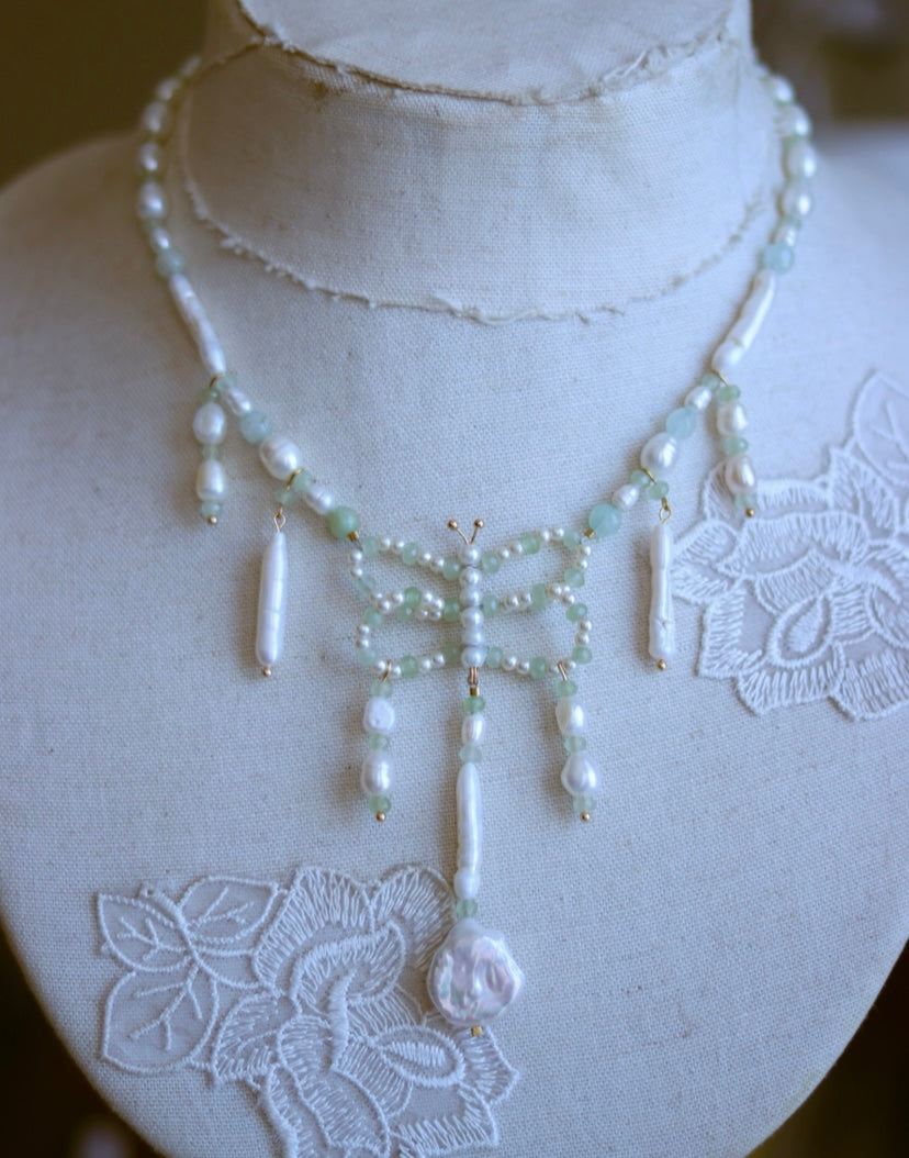 Freshwater Pearl & Aventurine Gemstone Butterfly Necklace