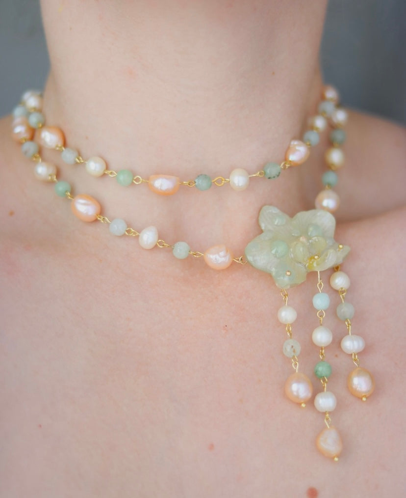 Aventurine & Pearl Orchid Necklace