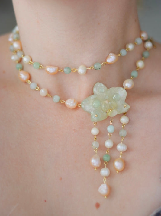Aventurine & Pearl Orchid Necklace