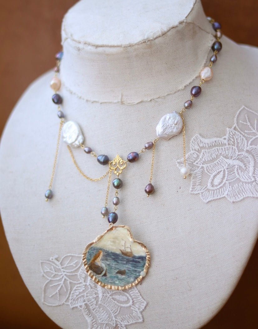 Mermaid’s Secret Freshwater Pearl & Seashell Hand-Painted Necklace