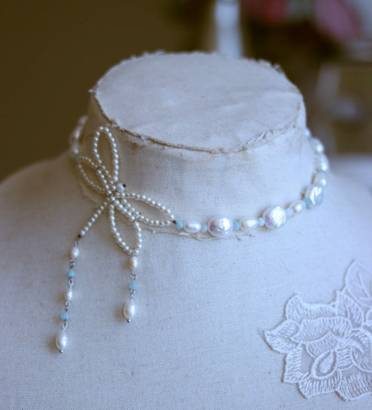 Freshwater Pearl & Aquamarine Gemstone Dragonfly Necklace
