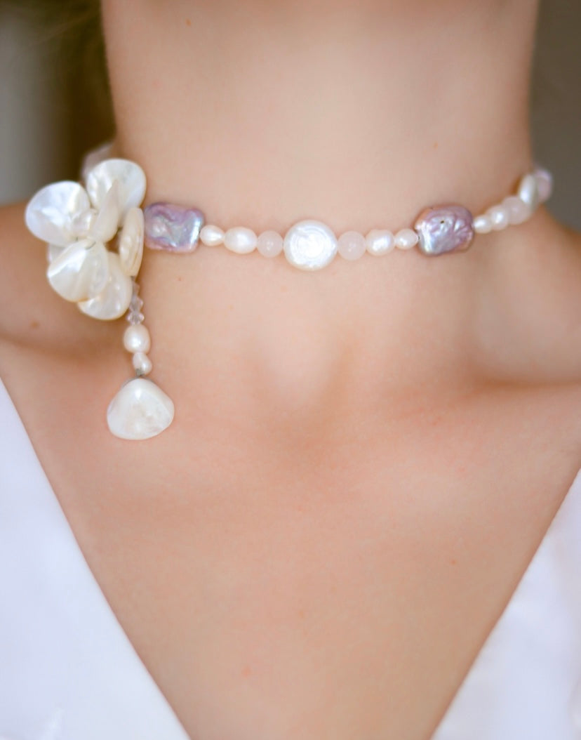 Purple Seashell & Freshwater Pearl Flower Necklace