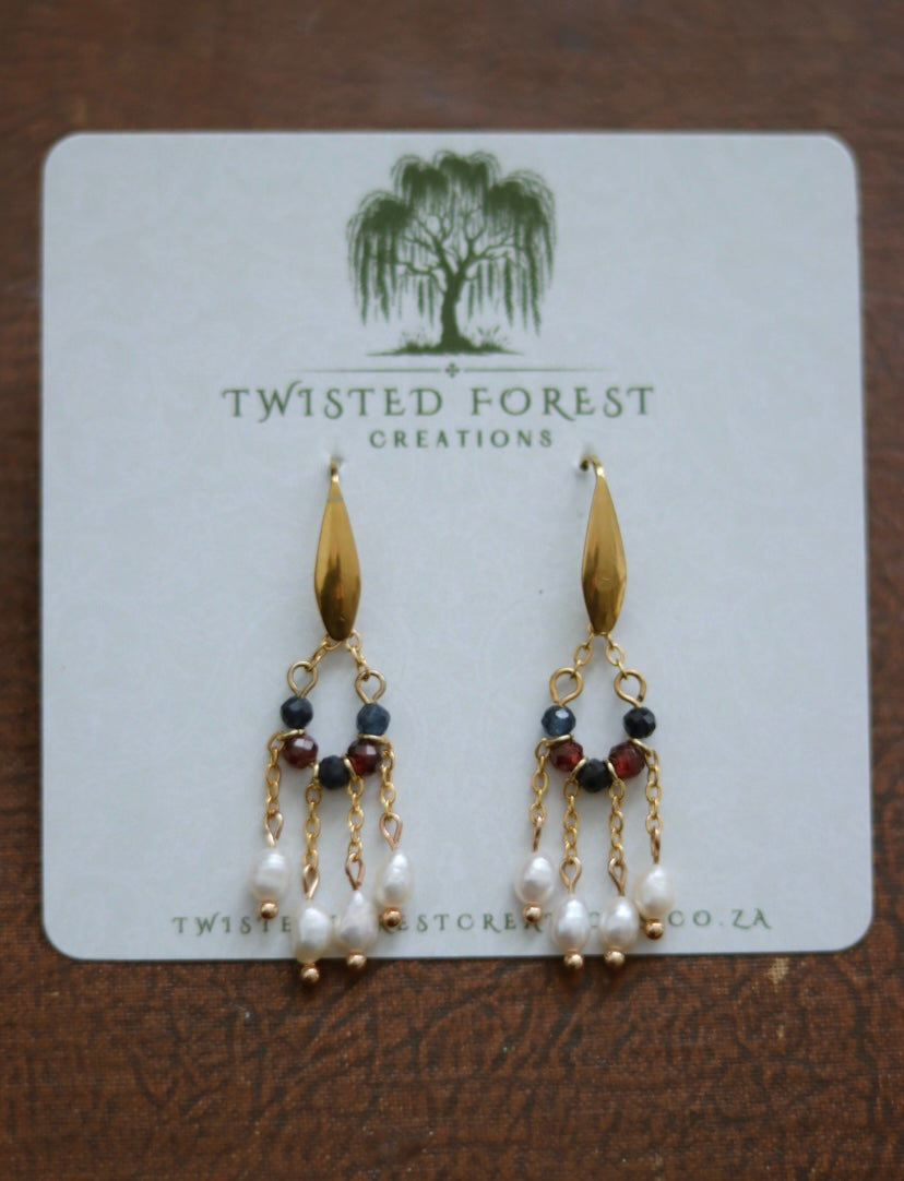 ‘Florence’ Freshwater Pearls, Garnet & Sapphire Gemstone Earrings