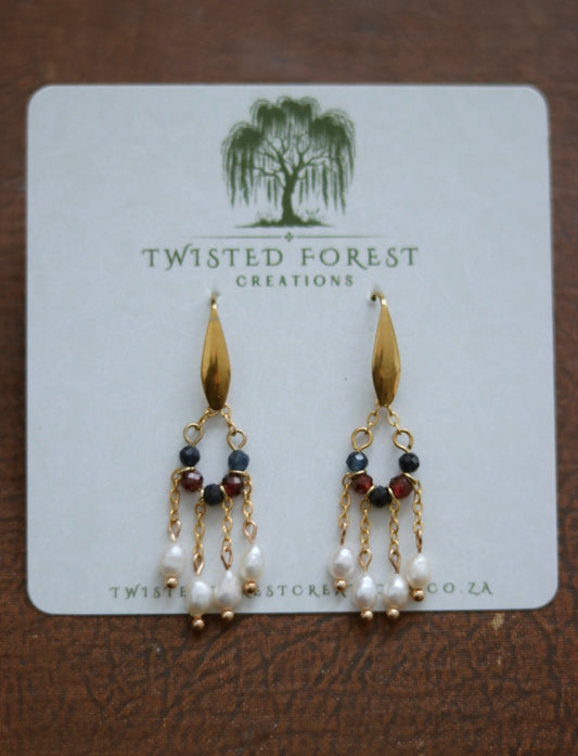 ‘Florence’ Freshwater Pearls, Garnet & Sapphire Gemstone Earrings