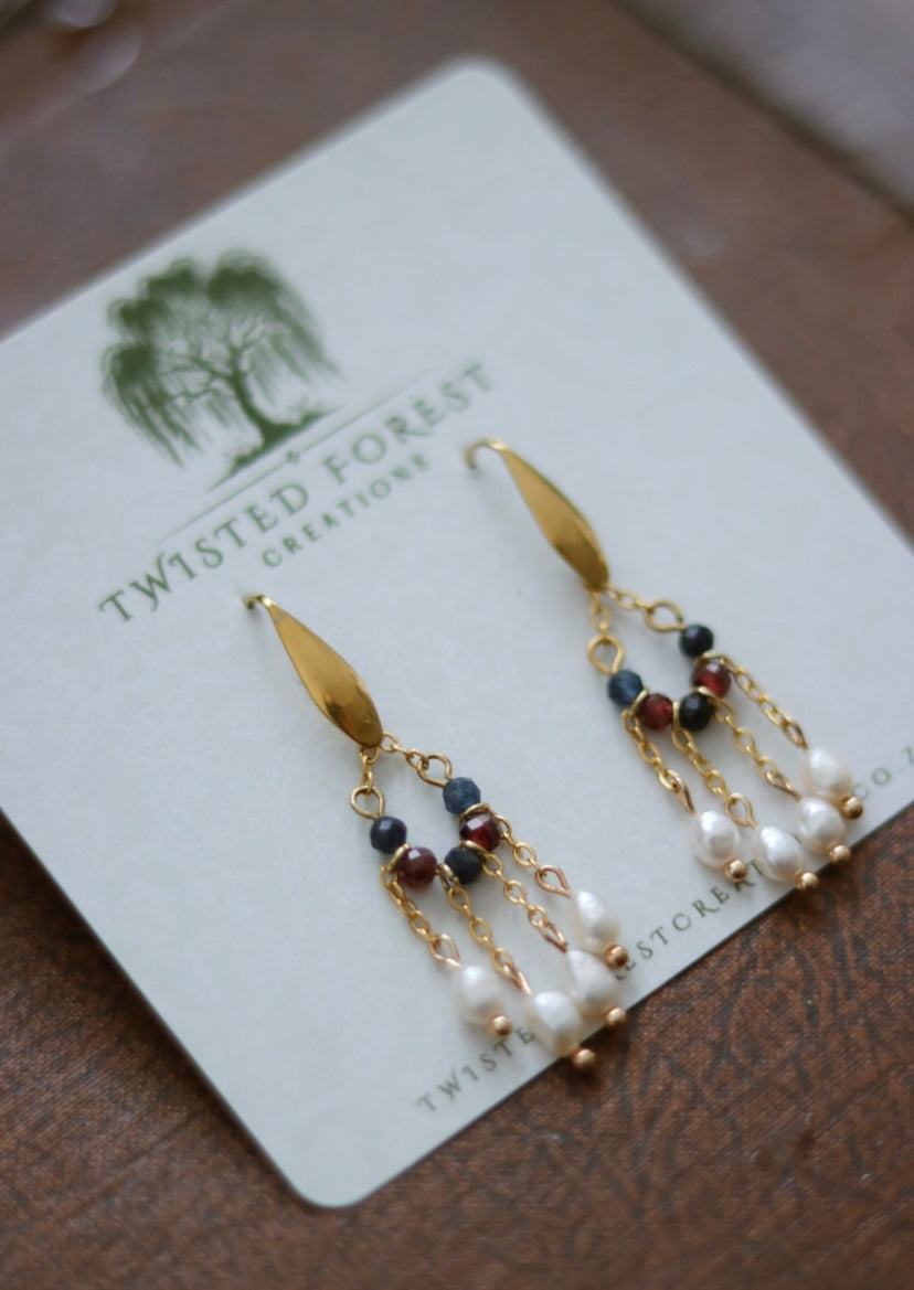 ‘Florence’ Freshwater Pearls, Garnet & Sapphire Gemstone Earrings