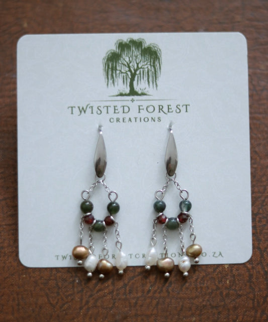 ‘Florence’ Freshwater Pearls, Moss Agate & Garnet Gemstone Earrings