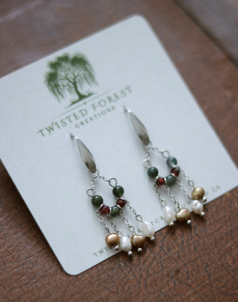 ‘Florence’ Freshwater Pearls, Moss Agate & Garnet Gemstone Earrings
