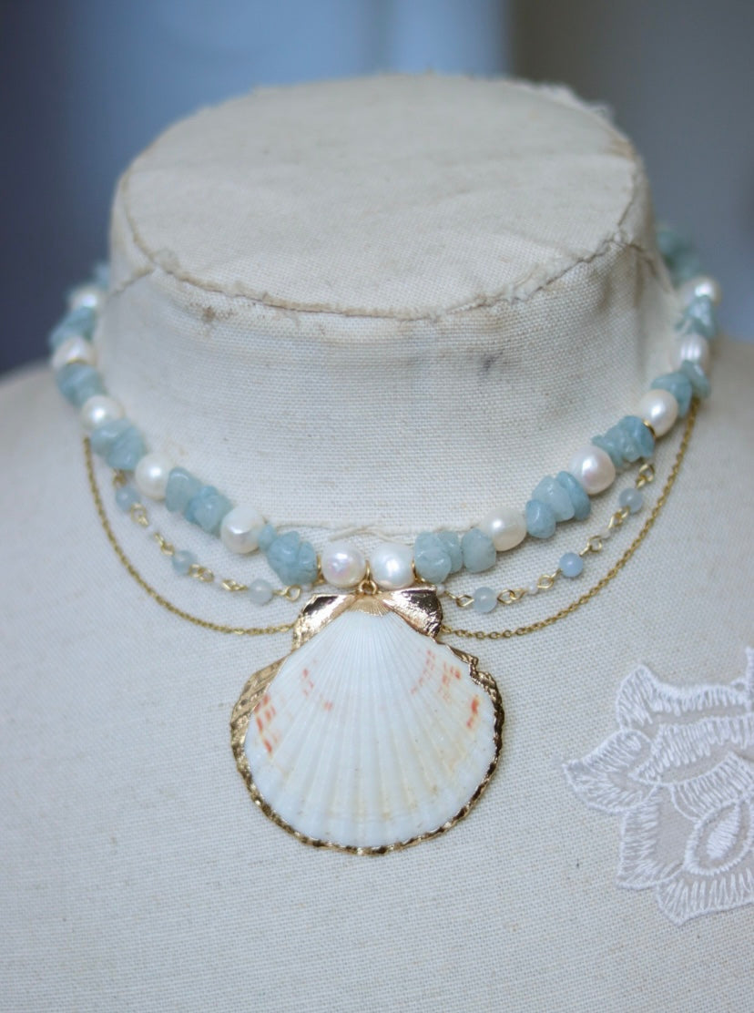 ‘Aqua’ Freshwater Pearl & Gemstone Seashell Necklace