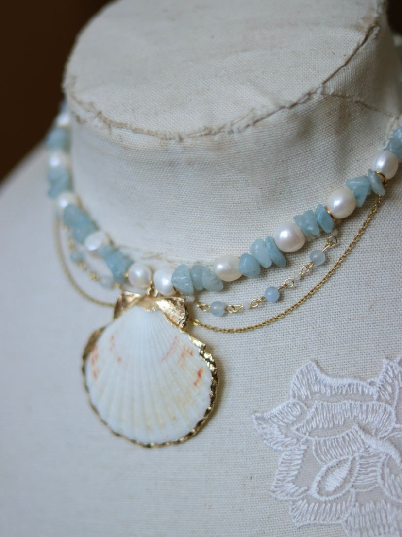 ‘Aqua’ Freshwater Pearl & Gemstone Seashell Necklace